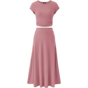 imageBTFBM Women Two Piece Skirt Set Summer 2025 Casual Vacation Crew Neck Short Sleeve Cropped Top Elastic Waist Midi SkirtsDusty Pink