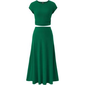 imageBTFBM Women Two Piece Skirt Set Summer 2025 Casual Vacation Crew Neck Short Sleeve Cropped Top Elastic Waist Midi SkirtsGreen