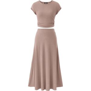 imageBTFBM Women Two Piece Skirt Set Summer 2025 Casual Vacation Crew Neck Short Sleeve Cropped Top Elastic Waist Midi SkirtsKhaki