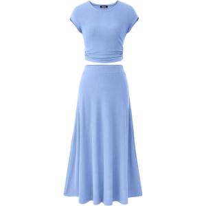 imageBTFBM Women Two Piece Skirt Set Summer 2025 Casual Vacation Crew Neck Short Sleeve Cropped Top Elastic Waist Midi SkirtsLight Blue