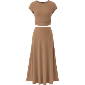 imageBTFBM Women Two Piece Skirt Set Summer 2025 Casual Vacation Crew Neck Short Sleeve Cropped Top Elastic Waist Midi SkirtsLight Brown