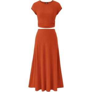 imageBTFBM Women Two Piece Skirt Set Summer 2025 Casual Vacation Crew Neck Short Sleeve Cropped Top Elastic Waist Midi SkirtsOrange