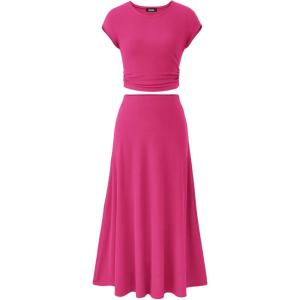 imageBTFBM Women Two Piece Skirt Set Summer 2025 Casual Vacation Crew Neck Short Sleeve Cropped Top Elastic Waist Midi SkirtsRose Red