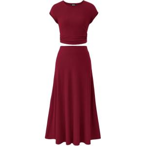 imageBTFBM Women Two Piece Skirt Set Summer 2025 Casual Vacation Crew Neck Short Sleeve Cropped Top Elastic Waist Midi SkirtsWine Red