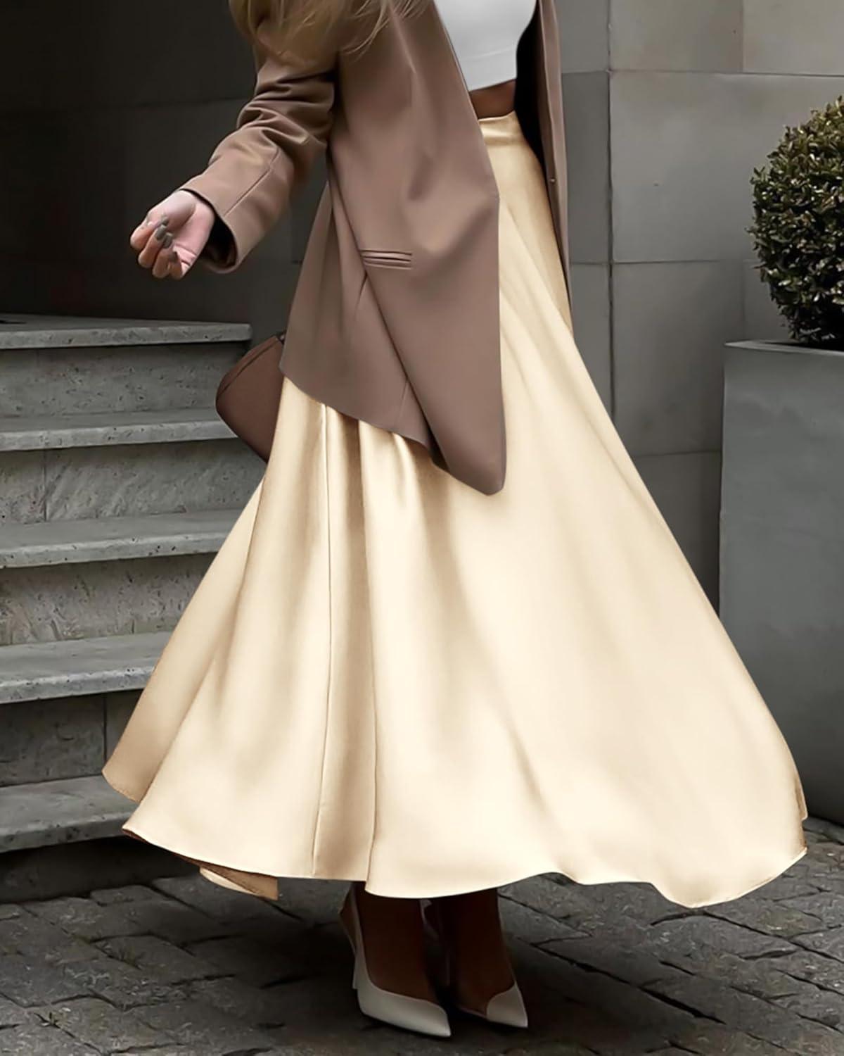 imageBTFBM High Waisted Skirts for Women Fall Clothes 2025 Elegant Satin Flowy ALine Cocktail Formal Night Out Maxi SkirtBeige