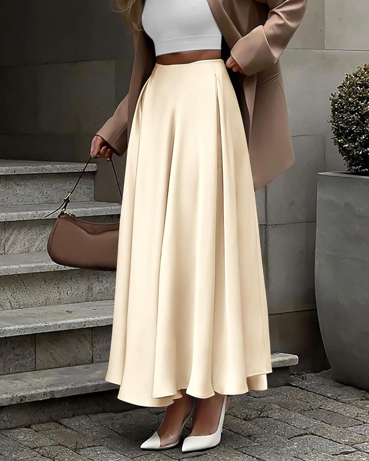imageBTFBM High Waisted Skirts for Women Fall Clothes 2025 Elegant Satin Flowy ALine Cocktail Formal Night Out Maxi SkirtBeige
