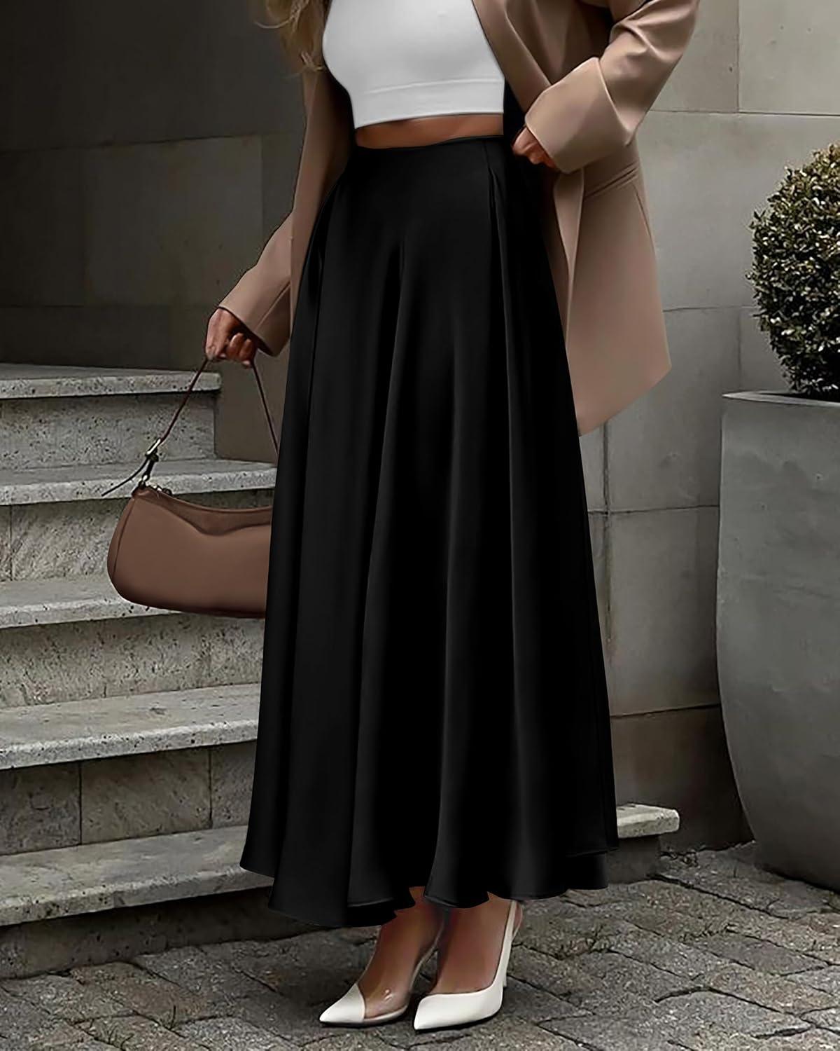 imageBTFBM High Waisted Skirts for Women Fall Clothes 2025 Elegant Satin Flowy ALine Cocktail Formal Night Out Maxi SkirtBlack