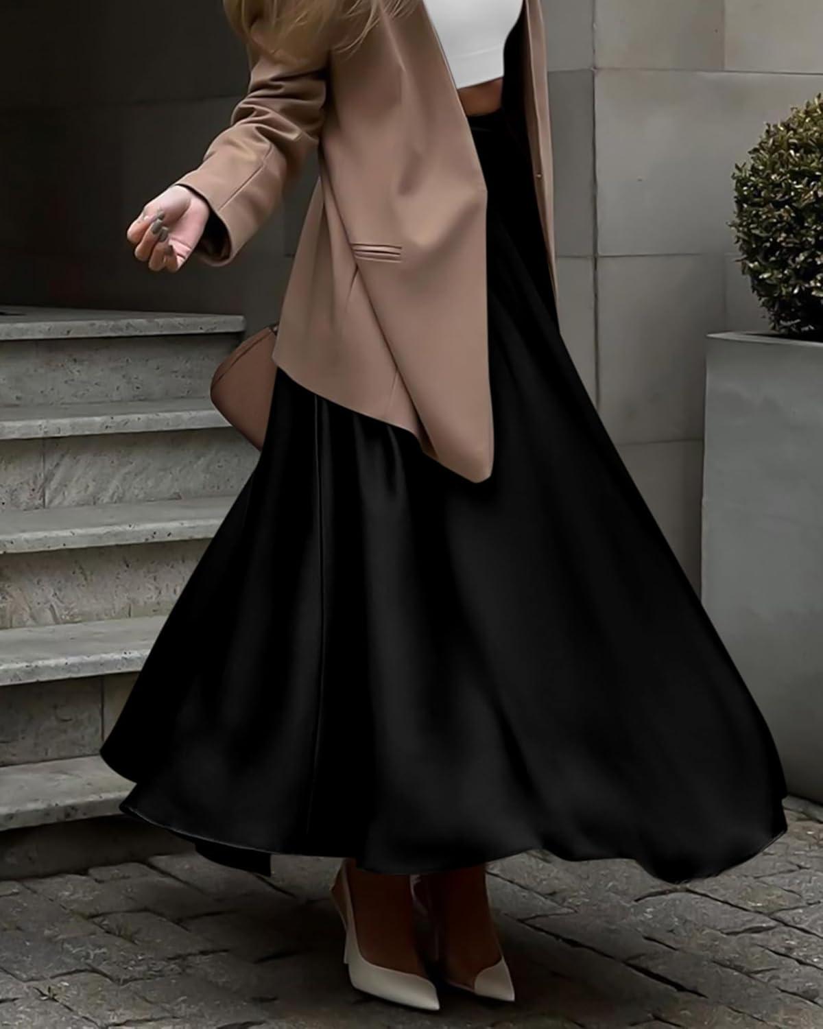imageBTFBM High Waisted Skirts for Women Fall Clothes 2025 Elegant Satin Flowy ALine Cocktail Formal Night Out Maxi SkirtBlack