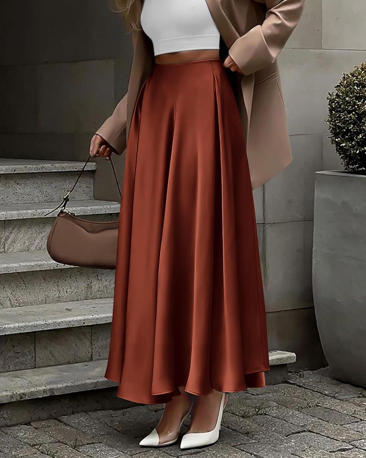 imageBTFBM High Waisted Skirts for Women Fall Clothes 2025 Elegant Satin Flowy ALine Cocktail Formal Night Out Maxi SkirtBrown