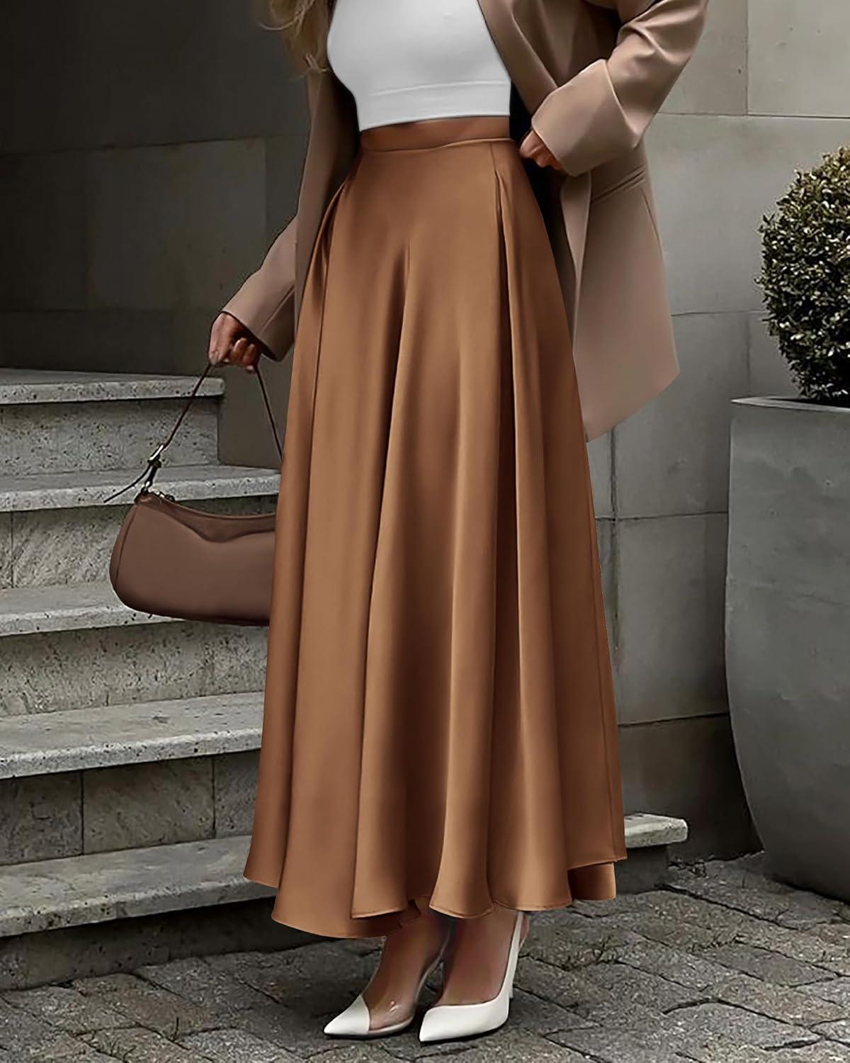 imageBTFBM High Waisted Skirts for Women Fall Clothes 2025 Elegant Satin Flowy ALine Cocktail Formal Night Out Maxi SkirtCoffee