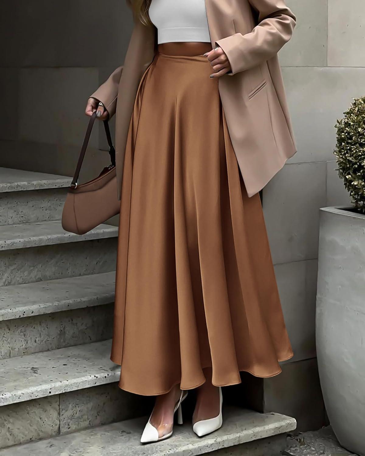 imageBTFBM High Waisted Skirts for Women Fall Clothes 2025 Elegant Satin Flowy ALine Cocktail Formal Night Out Maxi SkirtCoffee