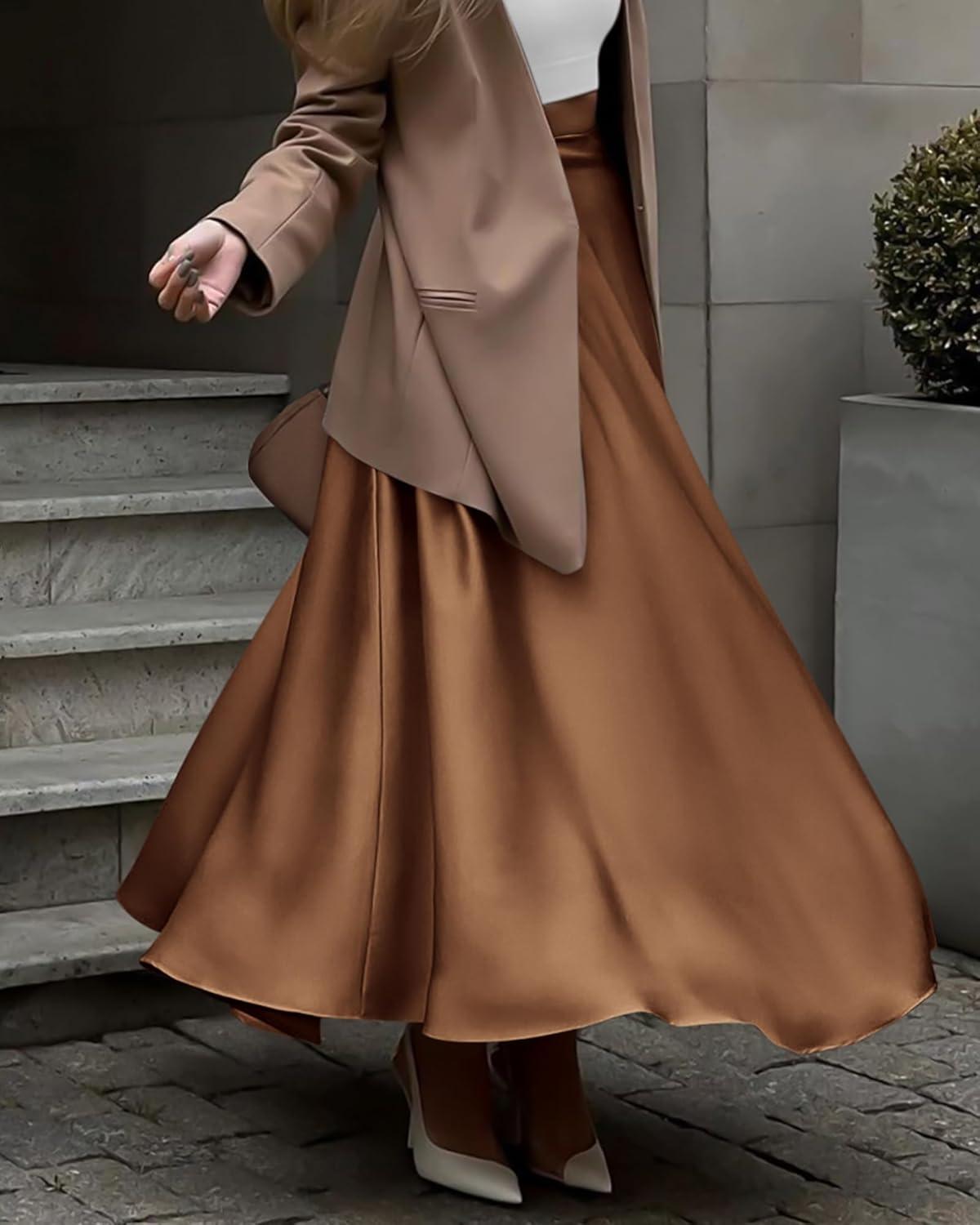 imageBTFBM High Waisted Skirts for Women Fall Clothes 2025 Elegant Satin Flowy ALine Cocktail Formal Night Out Maxi SkirtCoffee