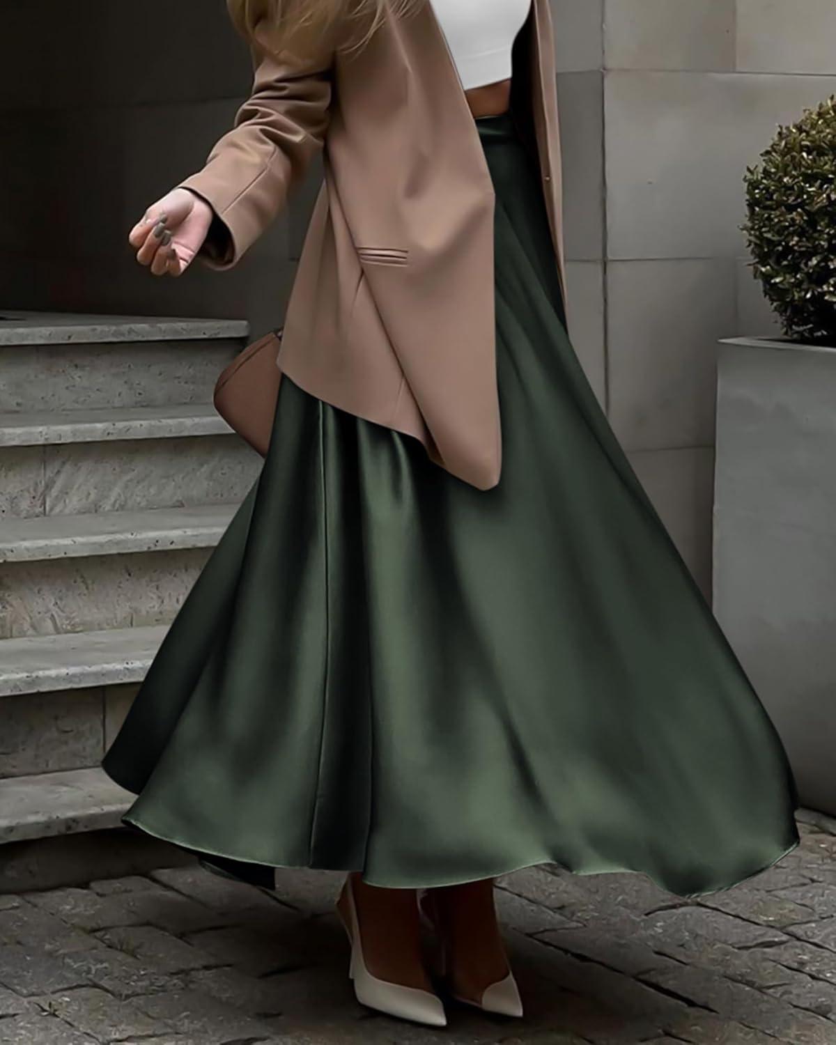 imageBTFBM High Waisted Skirts for Women Fall Clothes 2025 Elegant Satin Flowy ALine Cocktail Formal Night Out Maxi SkirtDark Army Green
