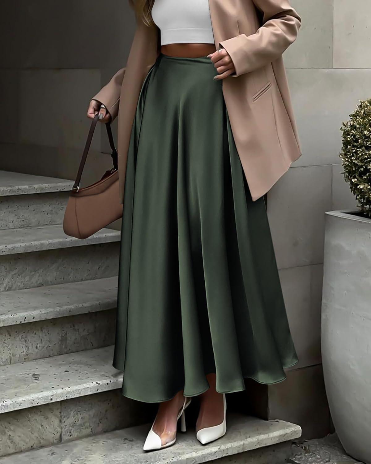 imageBTFBM High Waisted Skirts for Women Fall Clothes 2025 Elegant Satin Flowy ALine Cocktail Formal Night Out Maxi SkirtDark Army Green