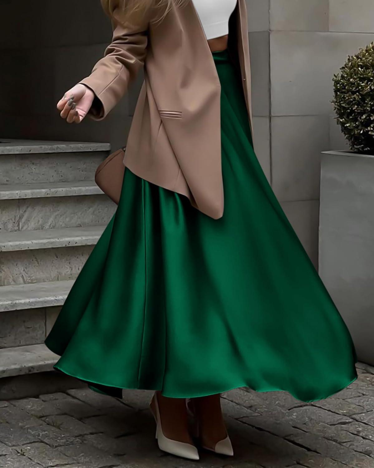 imageBTFBM High Waisted Skirts for Women Fall Clothes 2025 Elegant Satin Flowy ALine Cocktail Formal Night Out Maxi SkirtDark Green