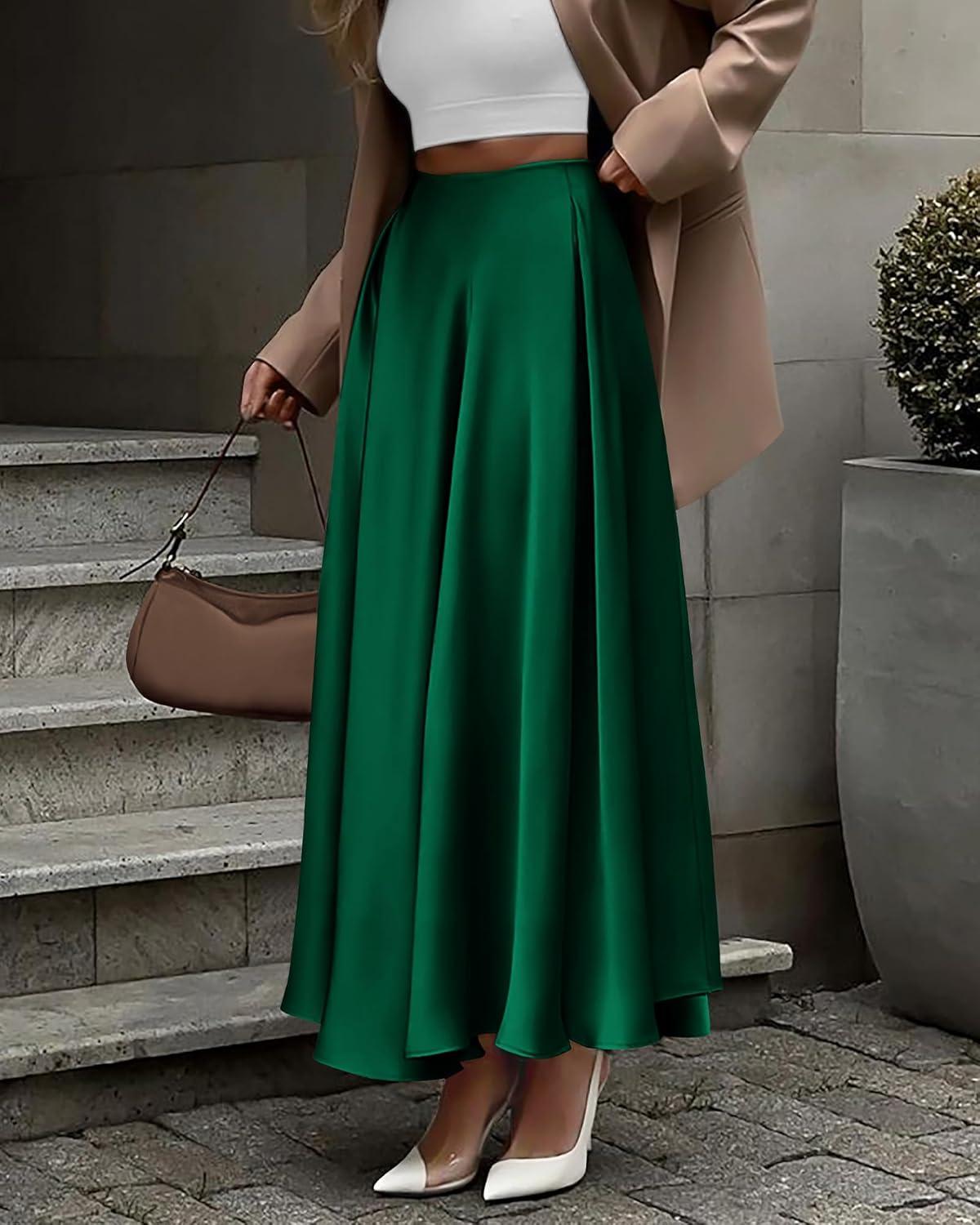 imageBTFBM High Waisted Skirts for Women Fall Clothes 2025 Elegant Satin Flowy ALine Cocktail Formal Night Out Maxi SkirtDark Green