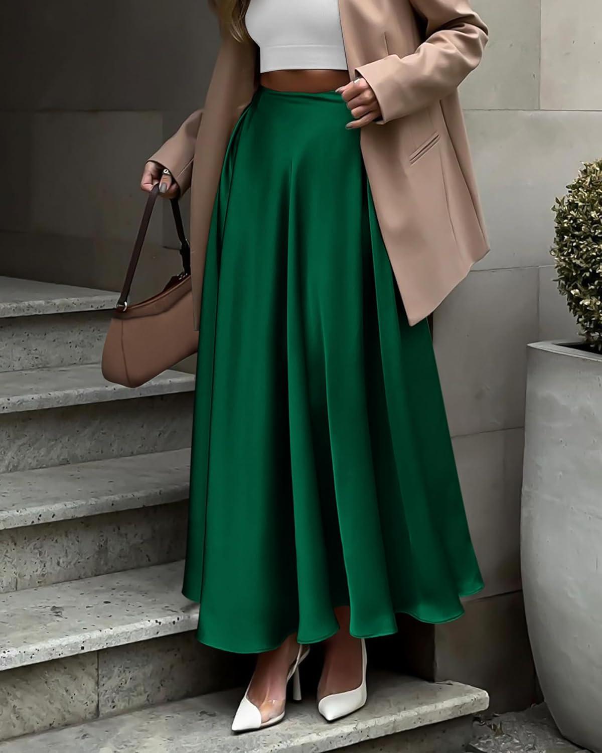 imageBTFBM High Waisted Skirts for Women Fall Clothes 2025 Elegant Satin Flowy ALine Cocktail Formal Night Out Maxi SkirtDark Green