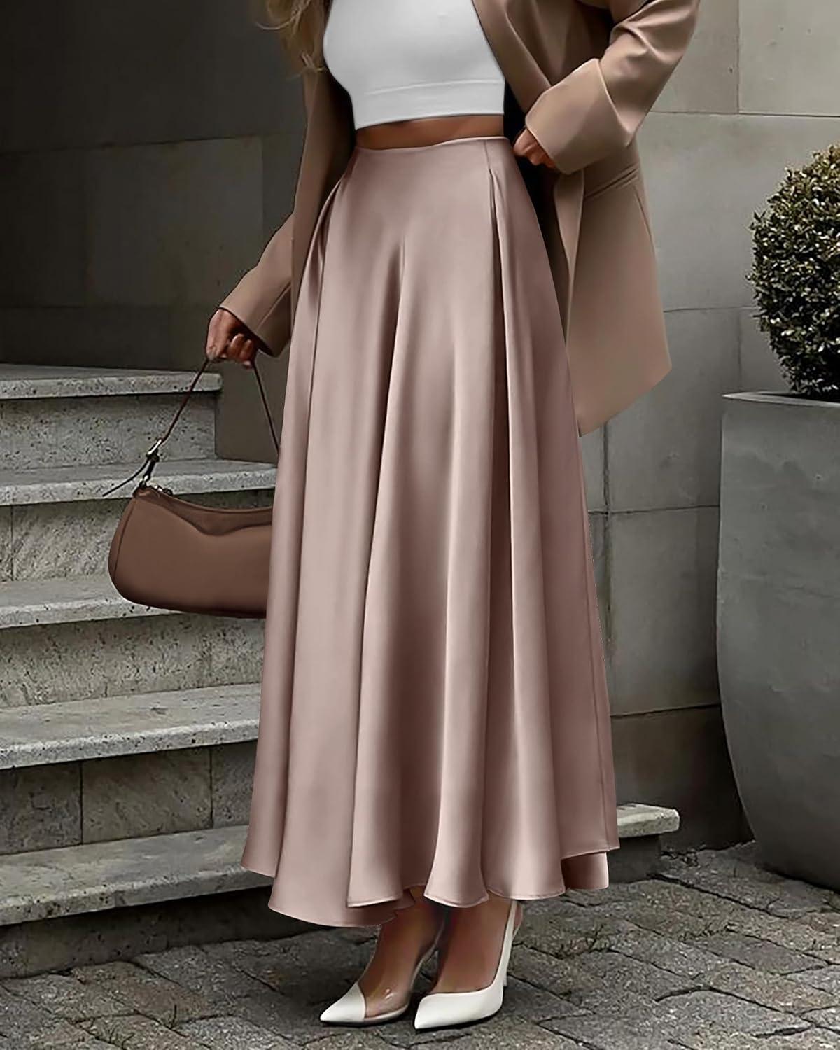 imageBTFBM High Waisted Skirts for Women Fall Clothes 2025 Elegant Satin Flowy ALine Cocktail Formal Night Out Maxi SkirtLight Khaki