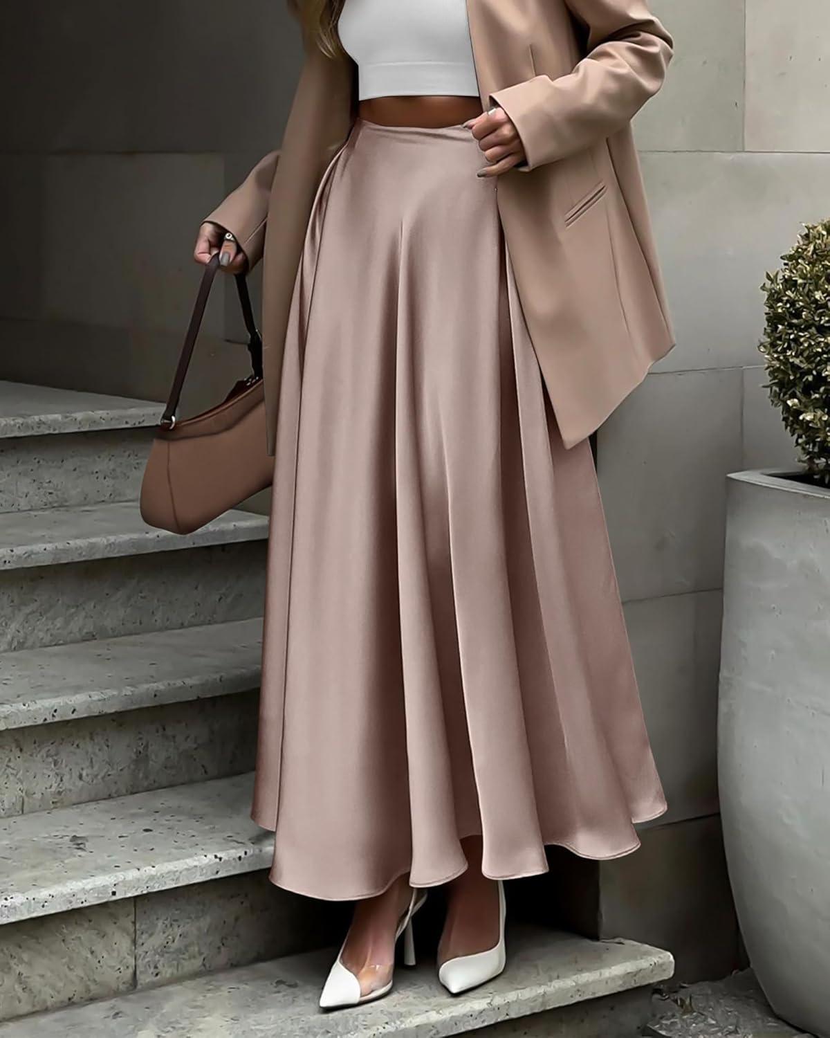imageBTFBM High Waisted Skirts for Women Fall Clothes 2025 Elegant Satin Flowy ALine Cocktail Formal Night Out Maxi SkirtLight Khaki