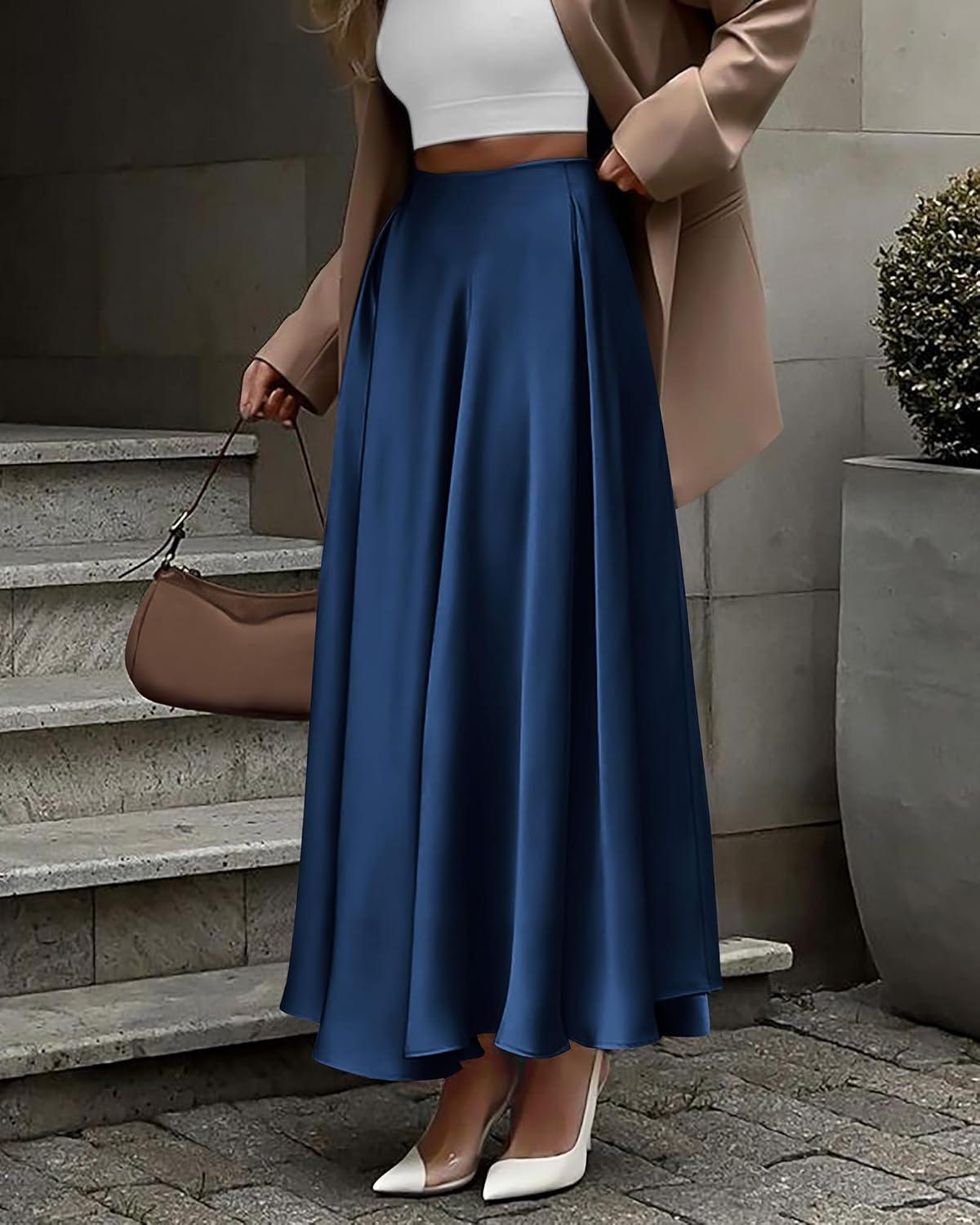 imageBTFBM High Waisted Skirts for Women Fall Clothes 2025 Elegant Satin Flowy ALine Cocktail Formal Night Out Maxi SkirtNavy