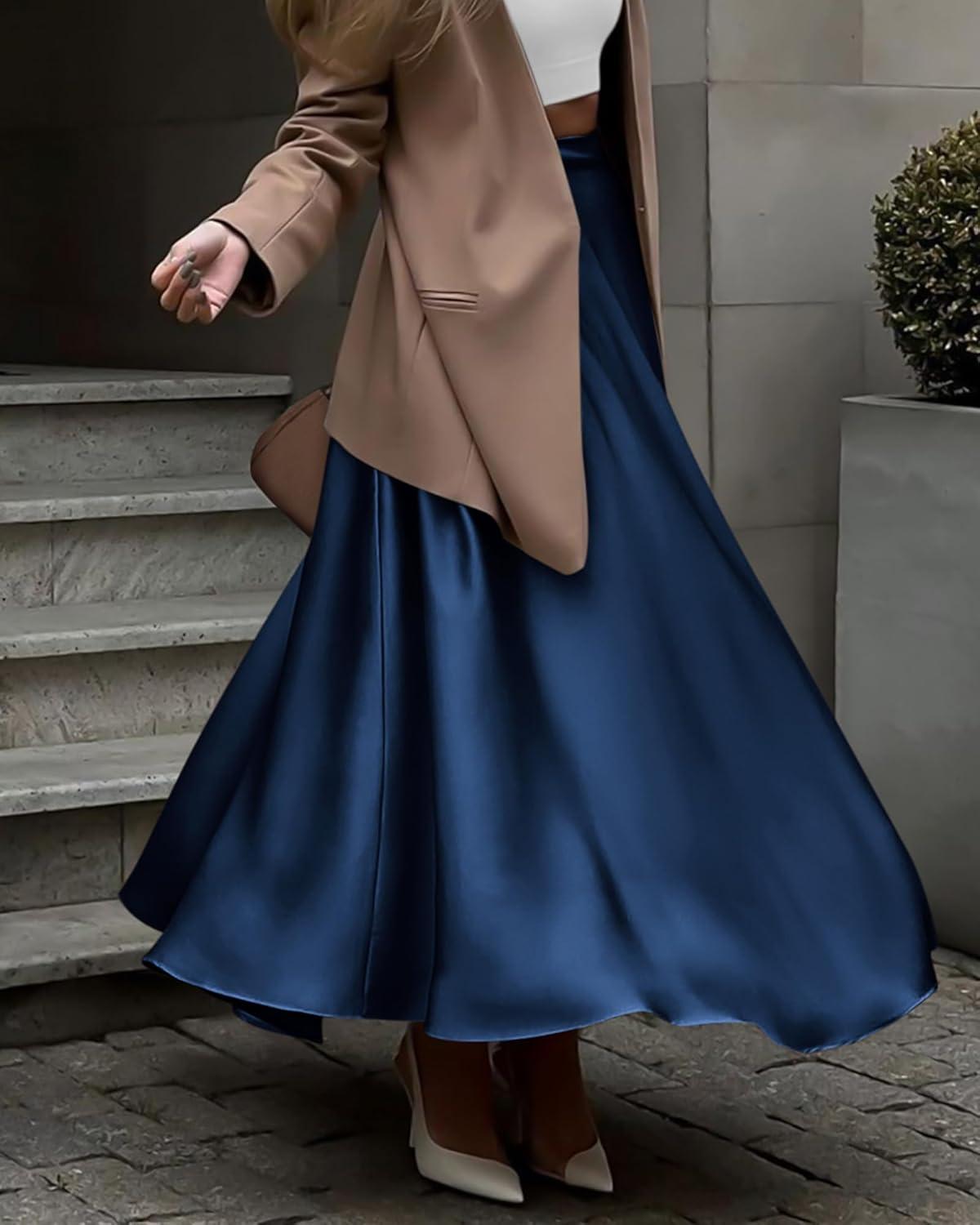 imageBTFBM High Waisted Skirts for Women Fall Clothes 2025 Elegant Satin Flowy ALine Cocktail Formal Night Out Maxi SkirtNavy
