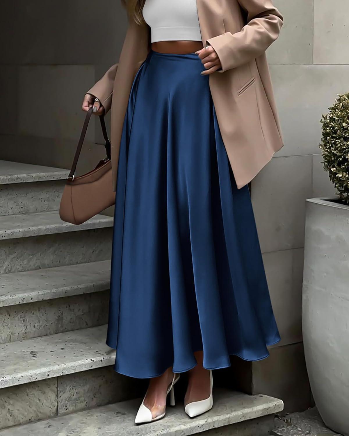 imageBTFBM High Waisted Skirts for Women Fall Clothes 2025 Elegant Satin Flowy ALine Cocktail Formal Night Out Maxi SkirtNavy