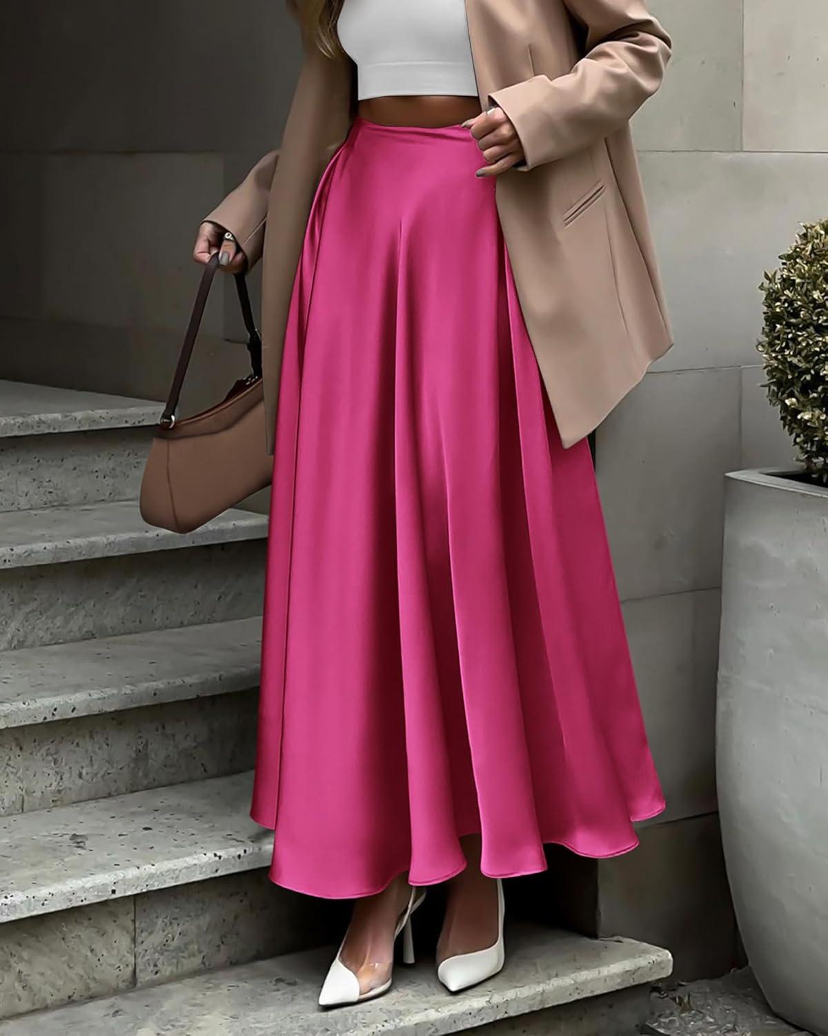 imageBTFBM High Waisted Skirts for Women Fall Clothes 2025 Elegant Satin Flowy ALine Cocktail Formal Night Out Maxi SkirtRose Red
