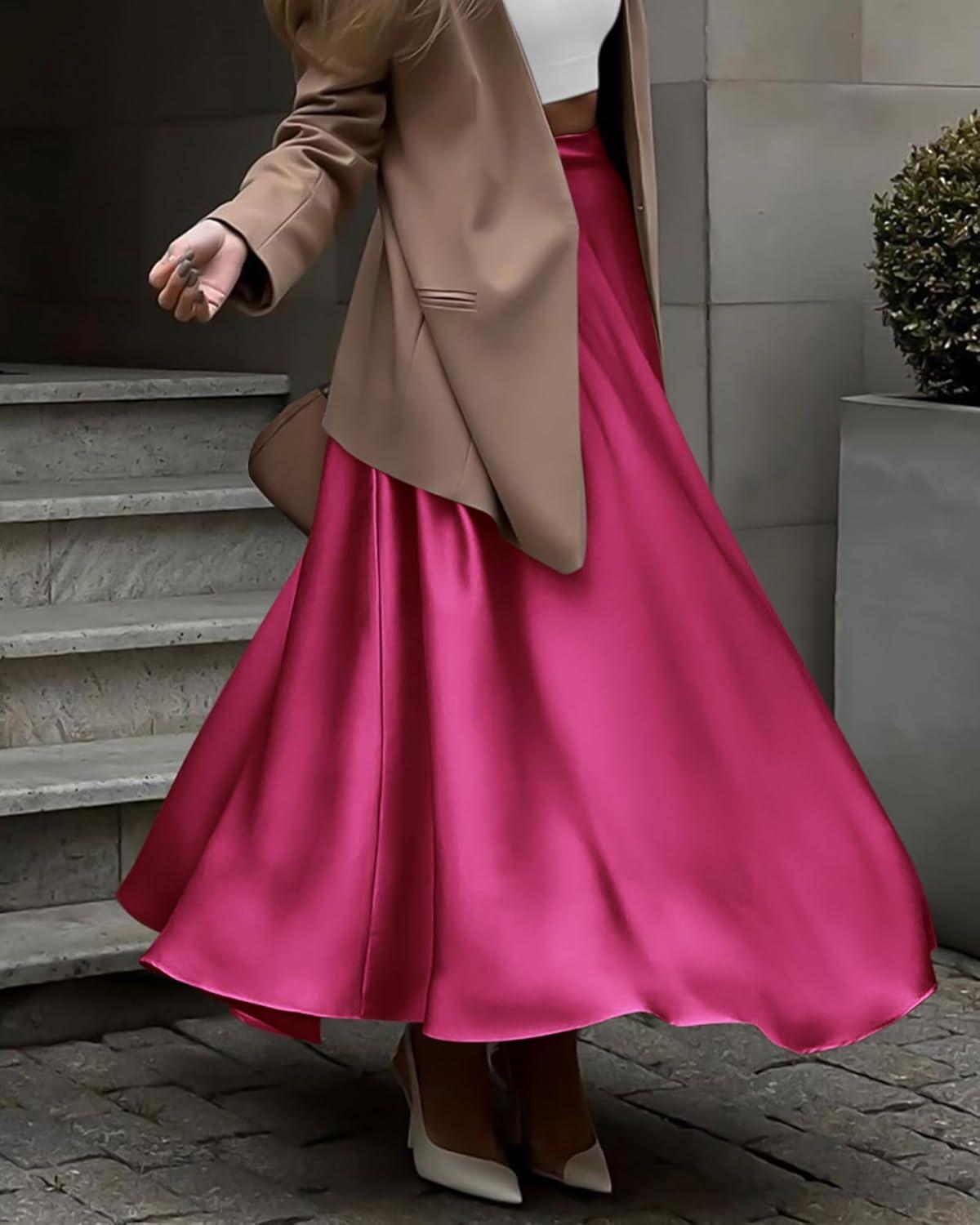 imageBTFBM High Waisted Skirts for Women Fall Clothes 2025 Elegant Satin Flowy ALine Cocktail Formal Night Out Maxi SkirtRose Red