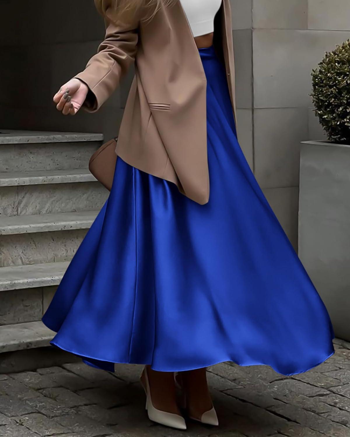 imageBTFBM High Waisted Skirts for Women Fall Clothes 2025 Elegant Satin Flowy ALine Cocktail Formal Night Out Maxi SkirtRoyal Blue