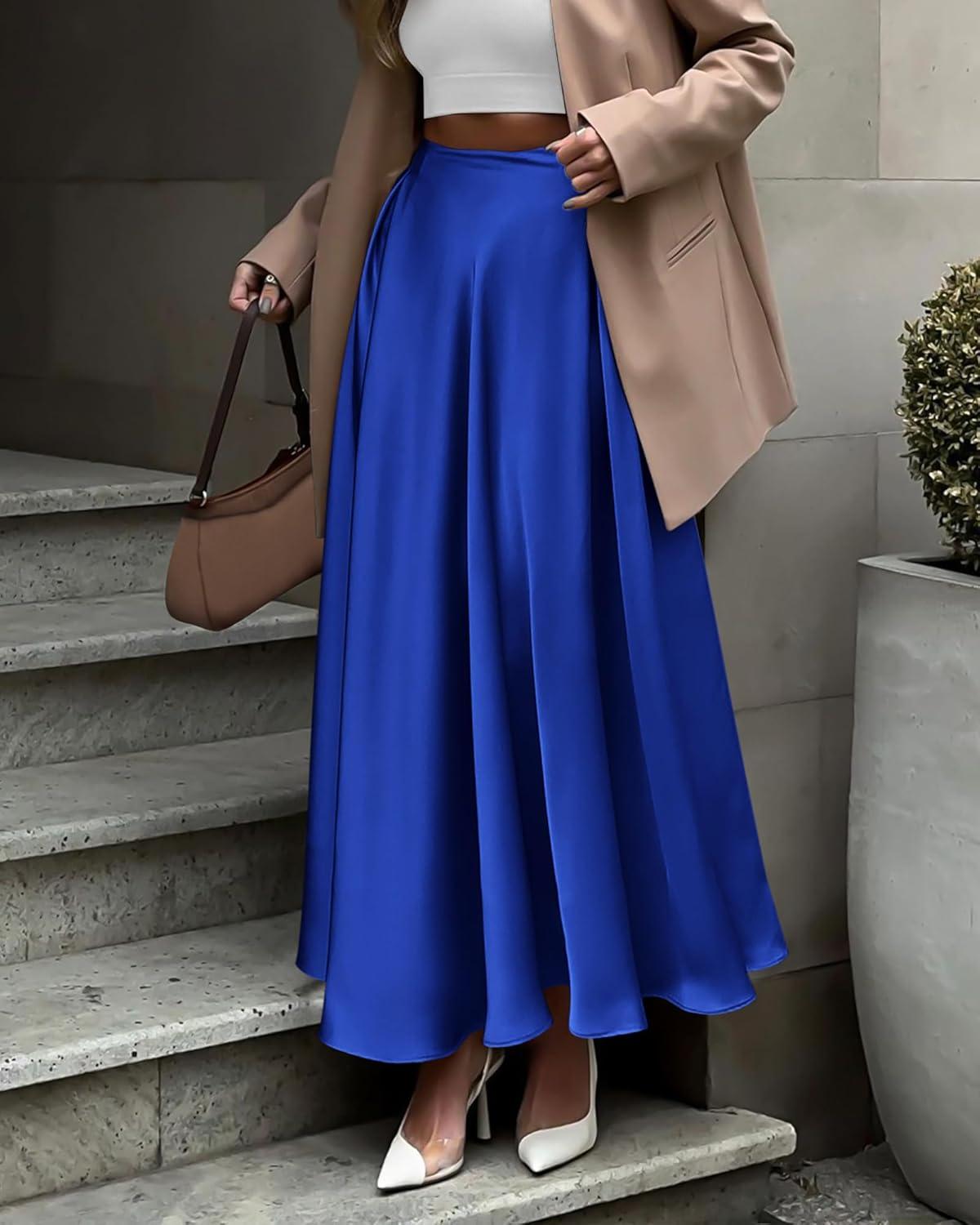 imageBTFBM High Waisted Skirts for Women Fall Clothes 2025 Elegant Satin Flowy ALine Cocktail Formal Night Out Maxi SkirtRoyal Blue