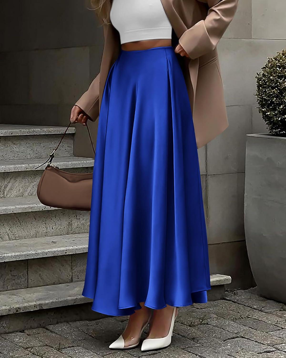imageBTFBM High Waisted Skirts for Women Fall Clothes 2025 Elegant Satin Flowy ALine Cocktail Formal Night Out Maxi SkirtRoyal Blue