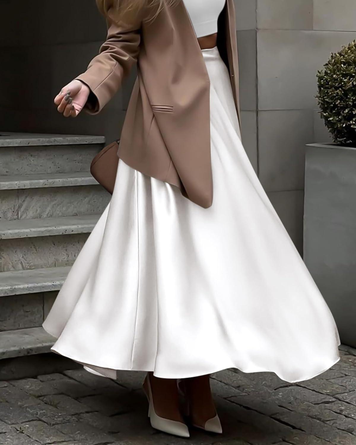 imageBTFBM High Waisted Skirts for Women Fall Clothes 2025 Elegant Satin Flowy ALine Cocktail Formal Night Out Maxi SkirtWhite