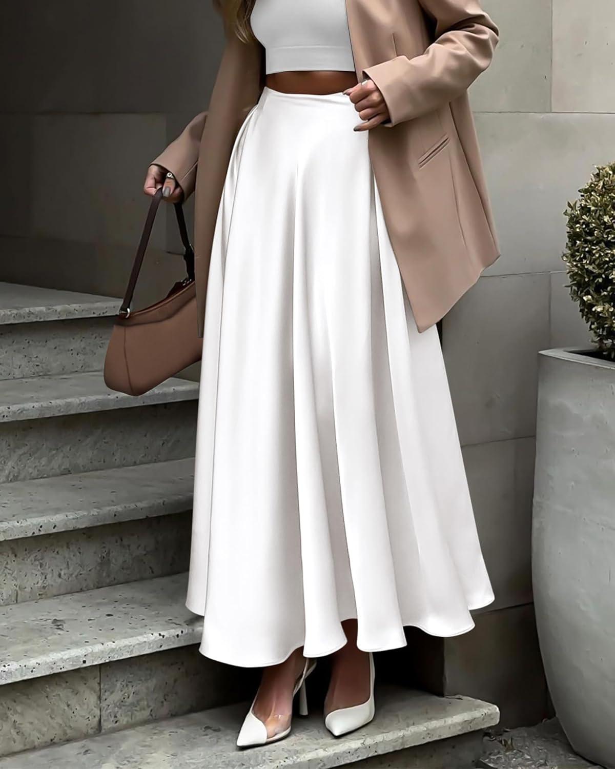 imageBTFBM High Waisted Skirts for Women Fall Clothes 2025 Elegant Satin Flowy ALine Cocktail Formal Night Out Maxi SkirtWhite