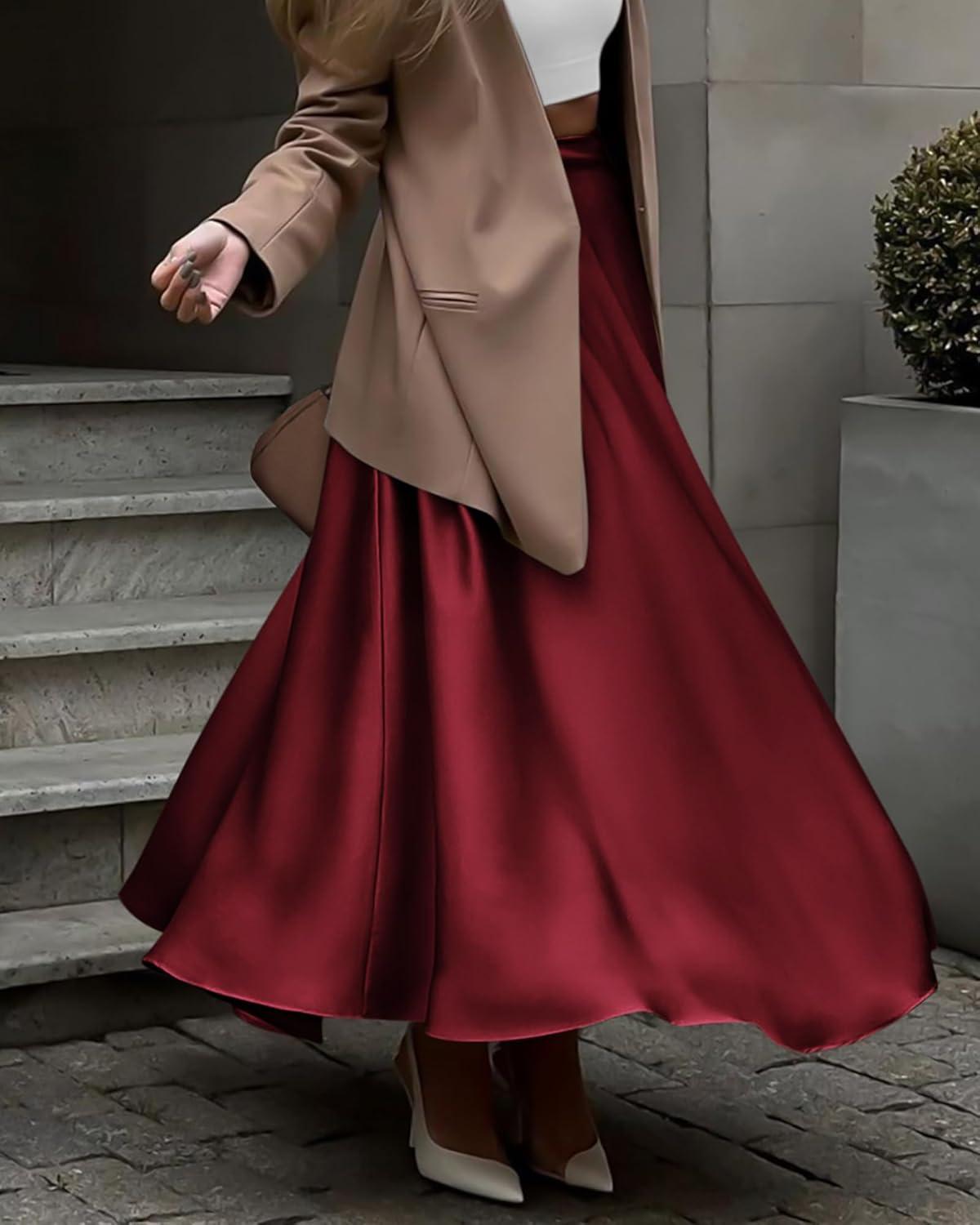 imageBTFBM High Waisted Skirts for Women Fall Clothes 2025 Elegant Satin Flowy ALine Cocktail Formal Night Out Maxi SkirtWine Red