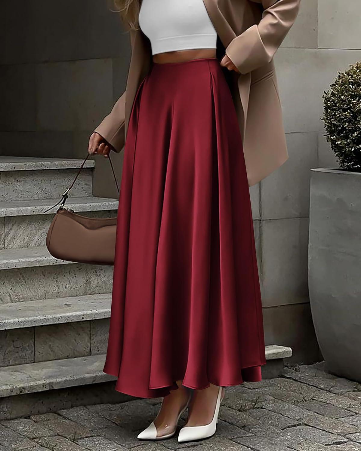 imageBTFBM High Waisted Skirts for Women Fall Clothes 2025 Elegant Satin Flowy ALine Cocktail Formal Night Out Maxi SkirtWine Red
