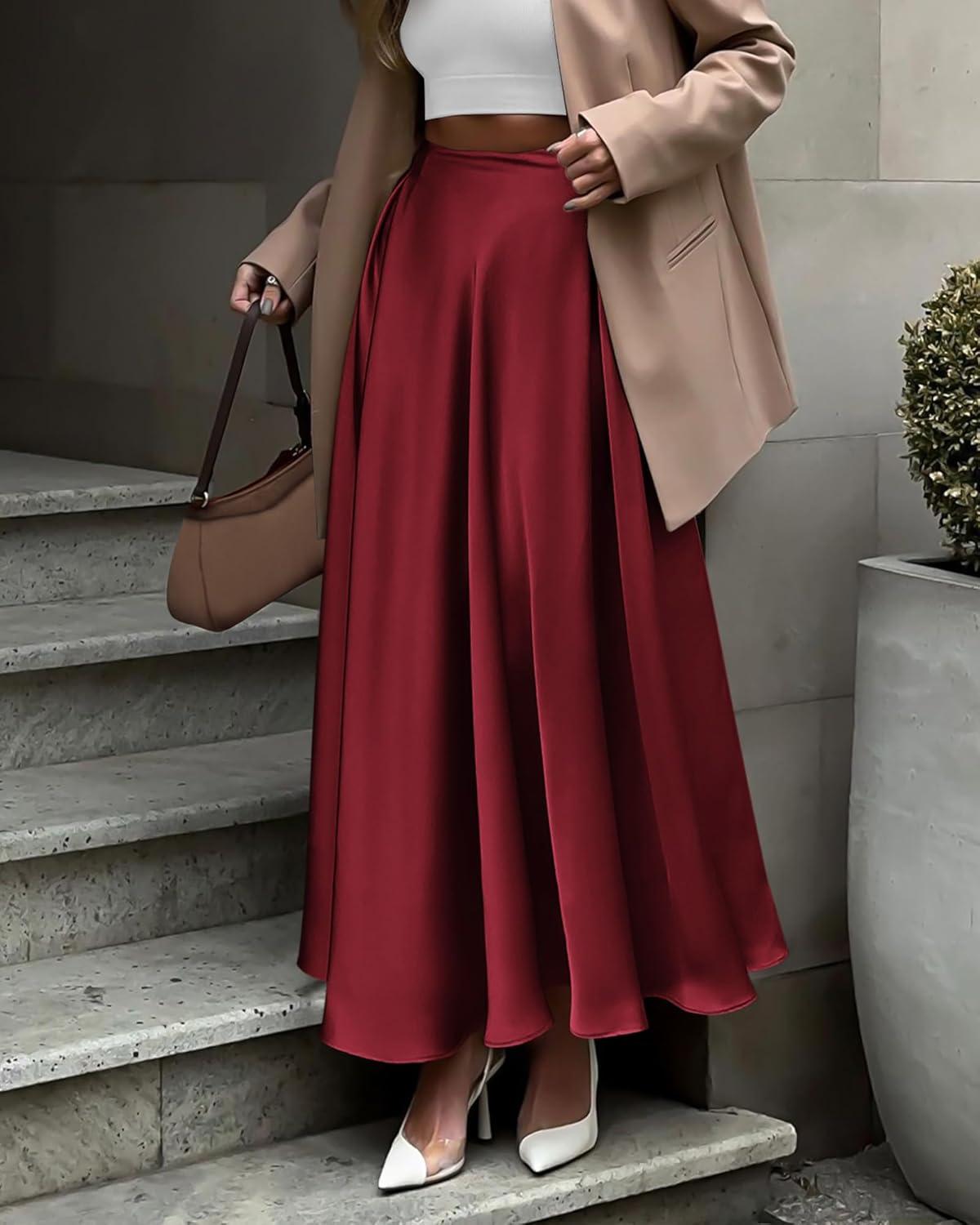 imageBTFBM High Waisted Skirts for Women Fall Clothes 2025 Elegant Satin Flowy ALine Cocktail Formal Night Out Maxi SkirtWine Red