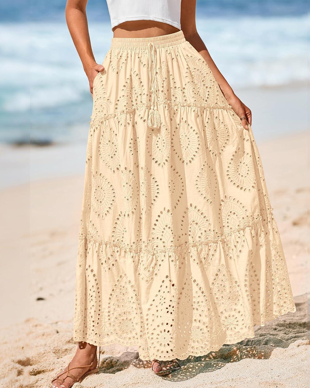 imageBTFBM Women Boho Casual Skirts Summer 2025 Lace Embroidery Eyelet Elastic Waist Flowy Tiered Beach Fall Maxi SkirtBeige