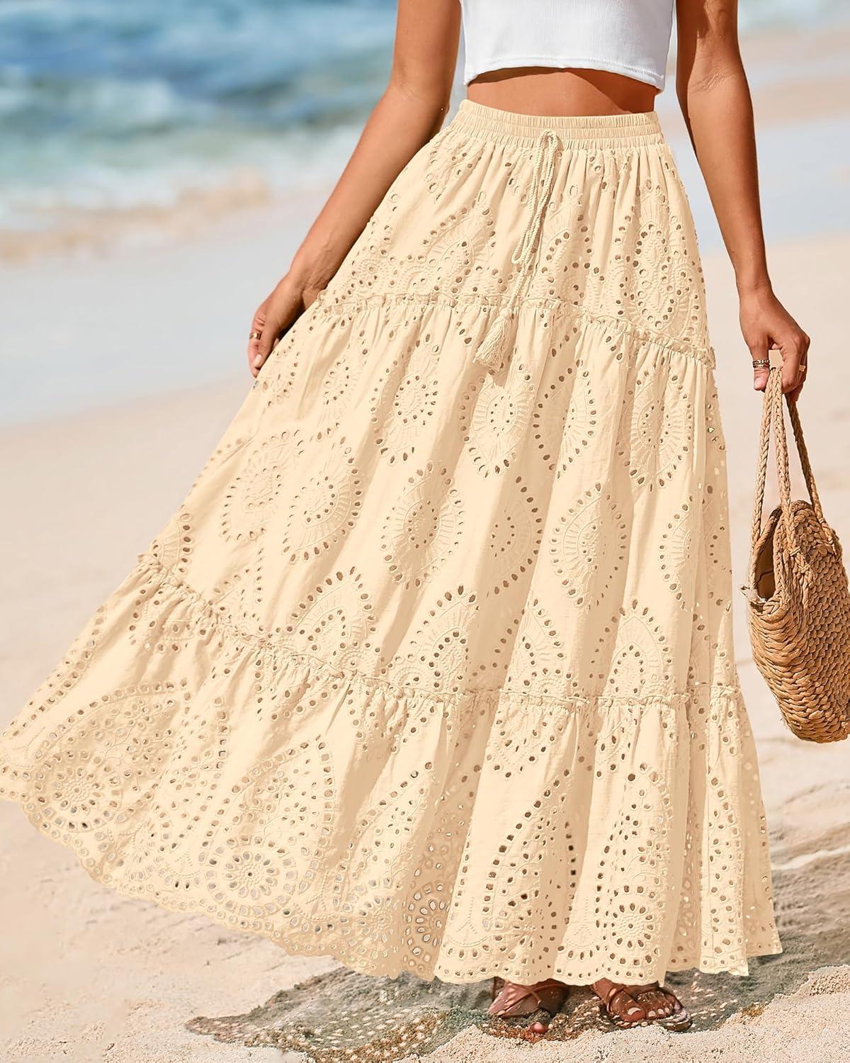 imageBTFBM Women Boho Casual Skirts Summer 2025 Lace Embroidery Eyelet Elastic Waist Flowy Tiered Beach Fall Maxi SkirtBeige