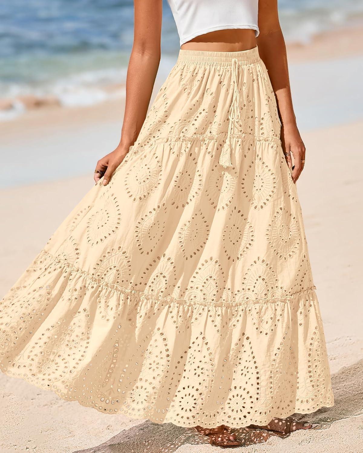 imageBTFBM Women Boho Casual Skirts Summer 2025 Lace Embroidery Eyelet Elastic Waist Flowy Tiered Beach Fall Maxi SkirtBeige