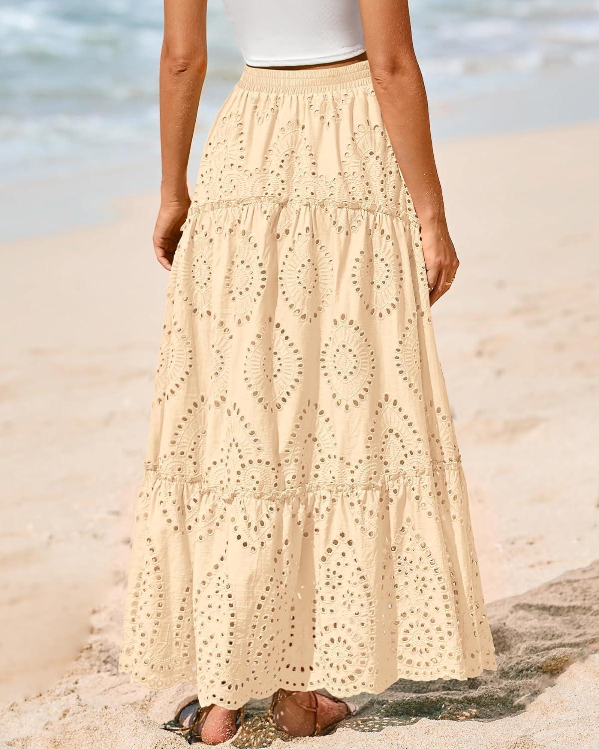 imageBTFBM Women Boho Casual Skirts Summer 2025 Lace Embroidery Eyelet Elastic Waist Flowy Tiered Beach Fall Maxi SkirtBeige