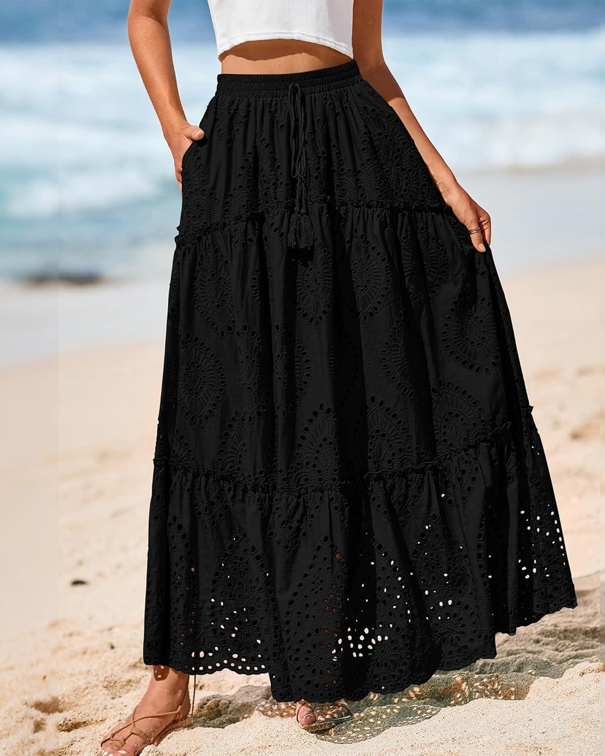 imageBTFBM Women Boho Casual Skirts Summer 2025 Lace Embroidery Eyelet Elastic Waist Flowy Tiered Beach Fall Maxi SkirtBlack