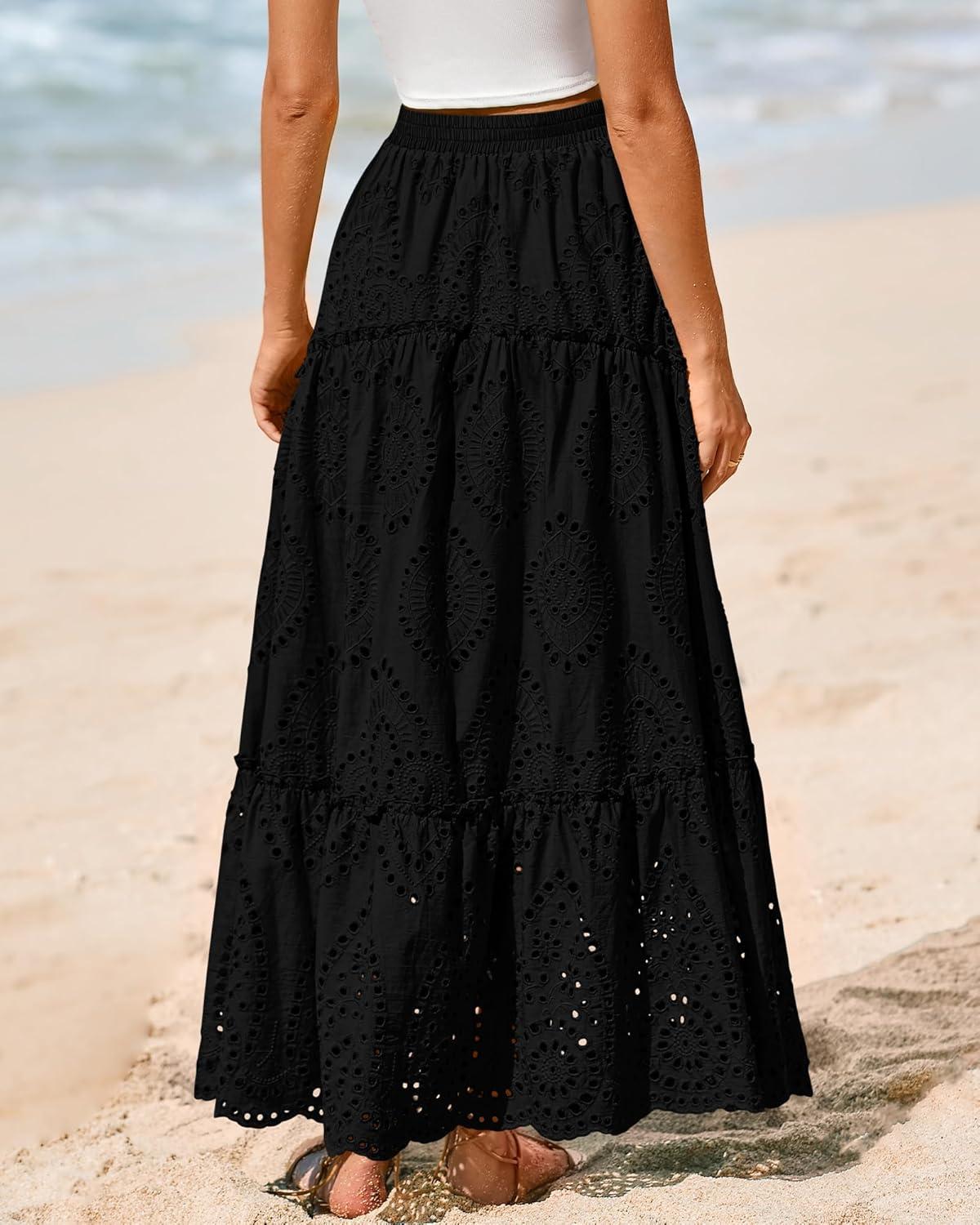 imageBTFBM Women Boho Casual Skirts Summer 2025 Lace Embroidery Eyelet Elastic Waist Flowy Tiered Beach Fall Maxi SkirtBlack
