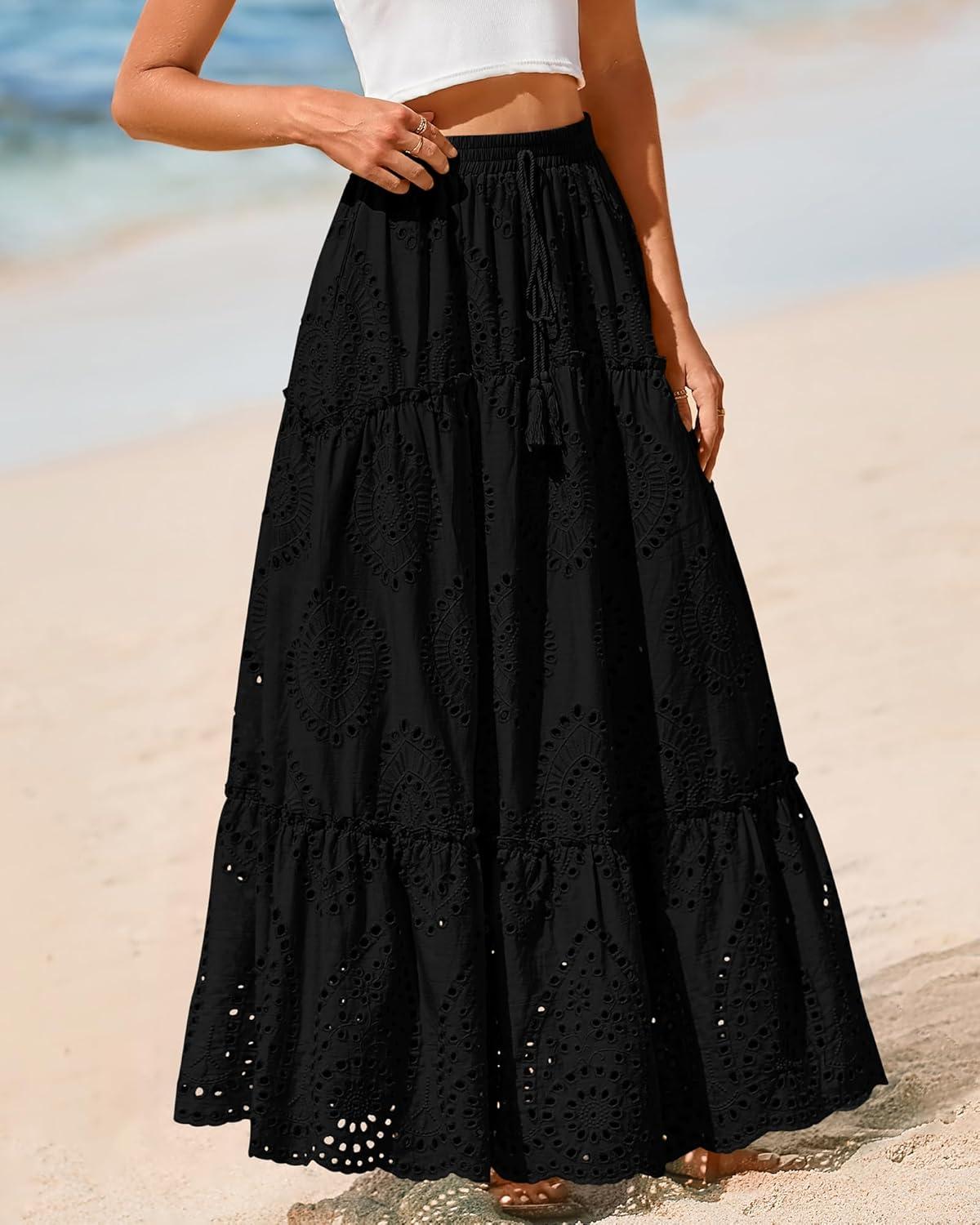 imageBTFBM Women Boho Casual Skirts Summer 2025 Lace Embroidery Eyelet Elastic Waist Flowy Tiered Beach Fall Maxi SkirtBlack
