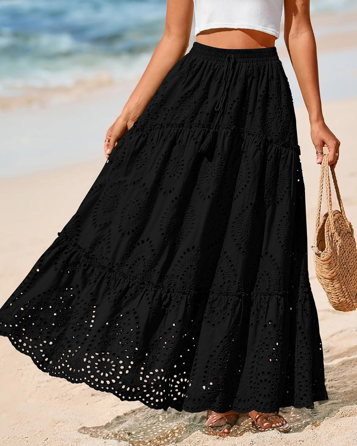 imageBTFBM Women Boho Casual Skirts Summer 2025 Lace Embroidery Eyelet Elastic Waist Flowy Tiered Beach Fall Maxi SkirtBlack
