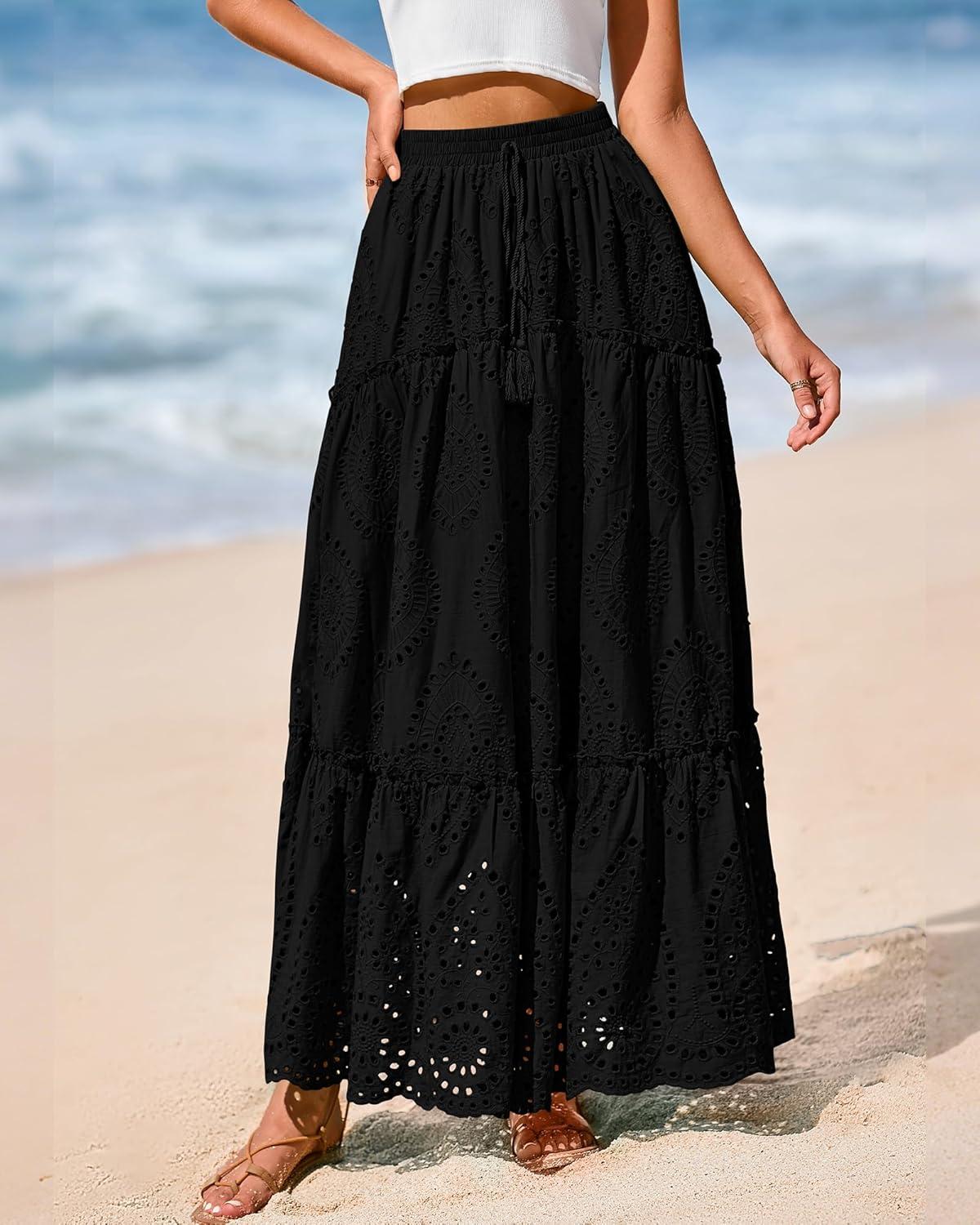 imageBTFBM Women Boho Casual Skirts Summer 2025 Lace Embroidery Eyelet Elastic Waist Flowy Tiered Beach Fall Maxi SkirtBlack