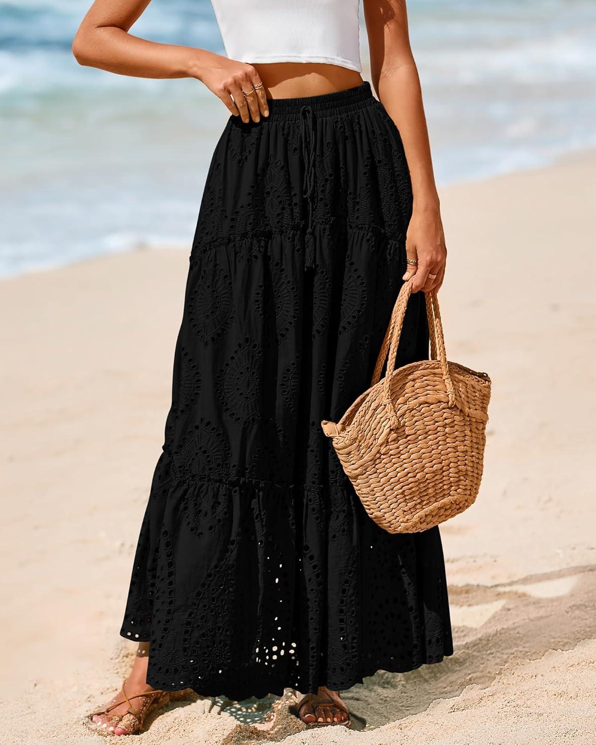 imageBTFBM Women Boho Casual Skirts Summer 2025 Lace Embroidery Eyelet Elastic Waist Flowy Tiered Beach Fall Maxi SkirtBlack