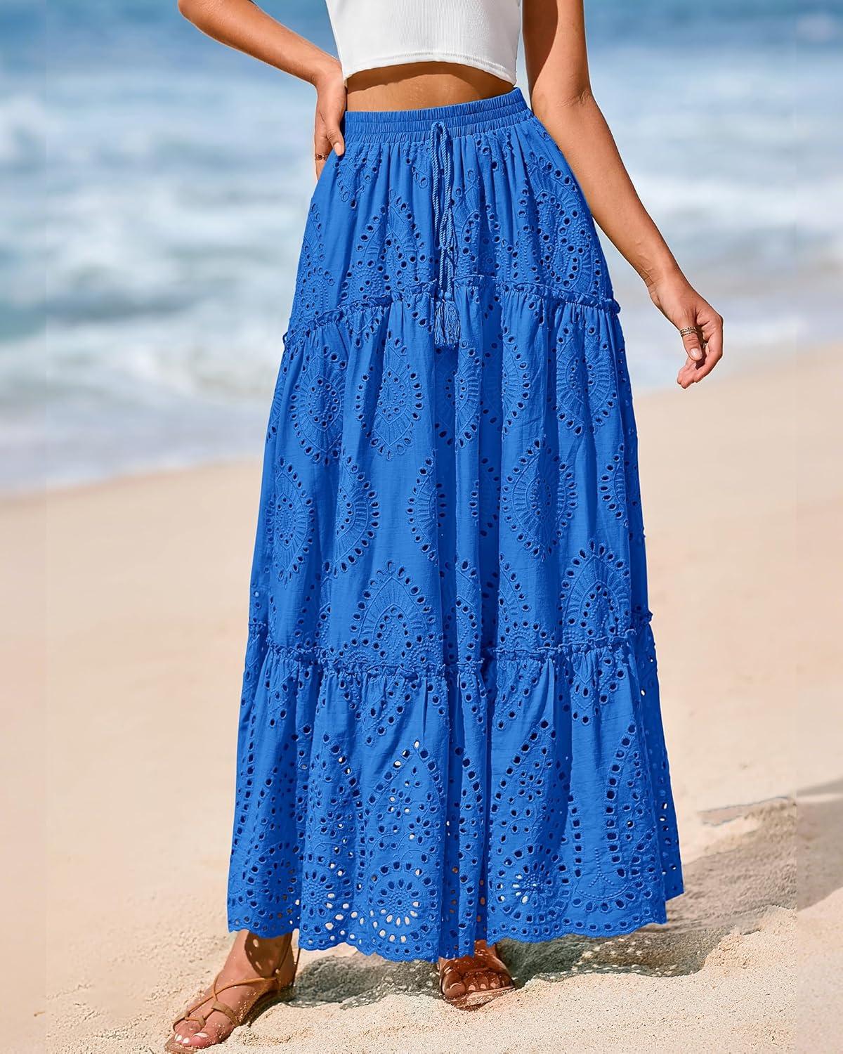 imageBTFBM Women Boho Casual Skirts Summer 2025 Lace Embroidery Eyelet Elastic Waist Flowy Tiered Beach Fall Maxi SkirtBlue