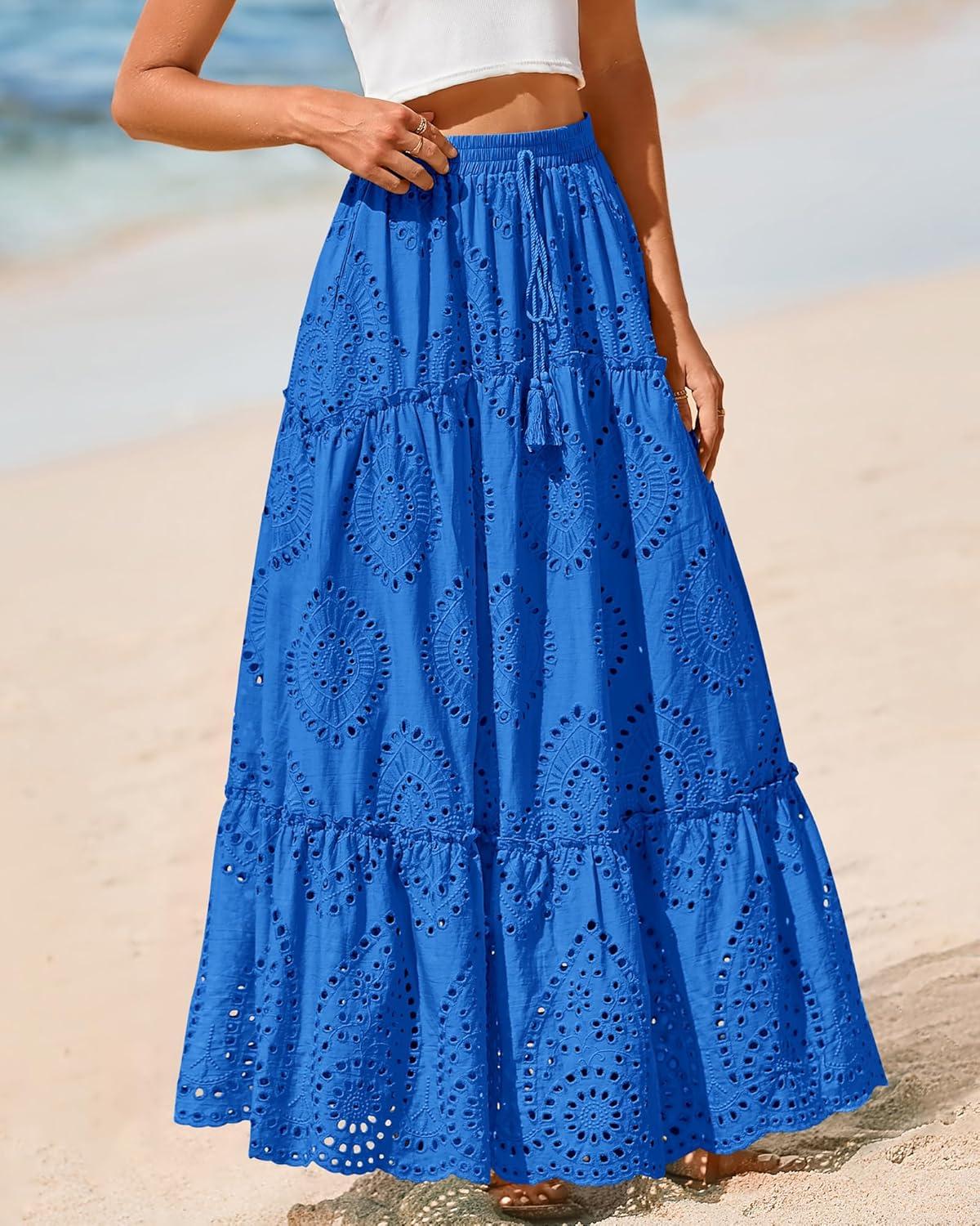 imageBTFBM Women Boho Casual Skirts Summer 2025 Lace Embroidery Eyelet Elastic Waist Flowy Tiered Beach Fall Maxi SkirtBlue