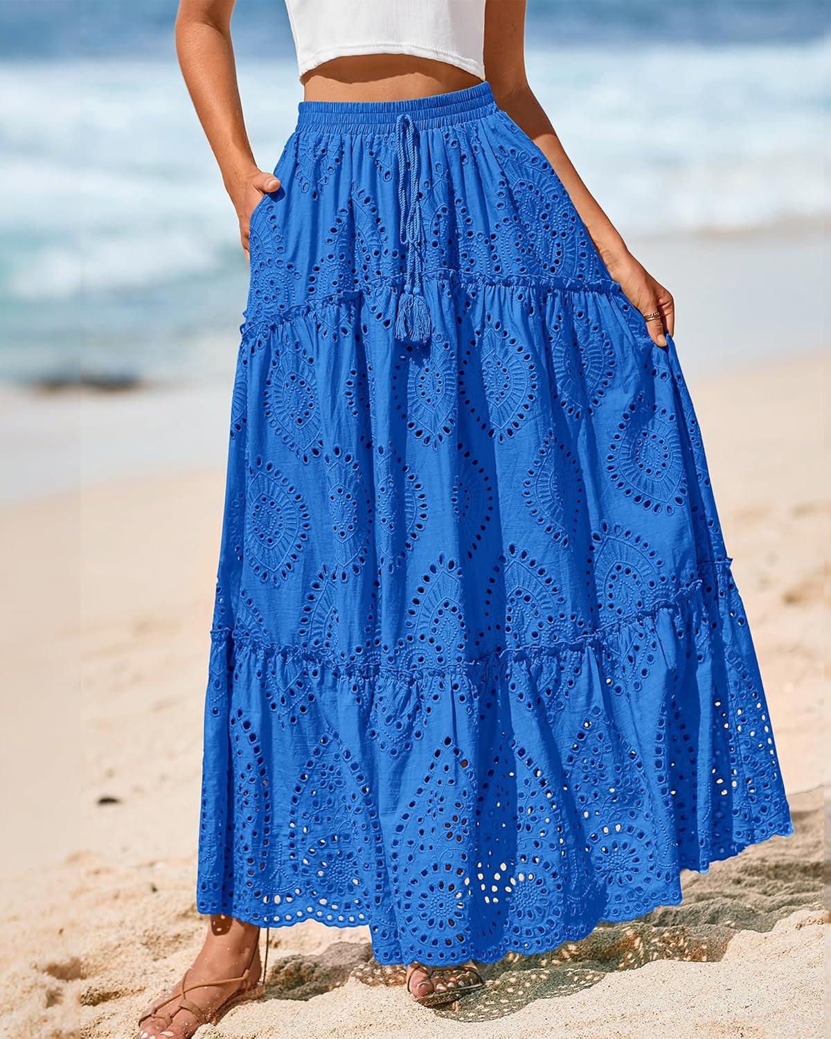imageBTFBM Women Boho Casual Skirts Summer 2025 Lace Embroidery Eyelet Elastic Waist Flowy Tiered Beach Fall Maxi SkirtBlue