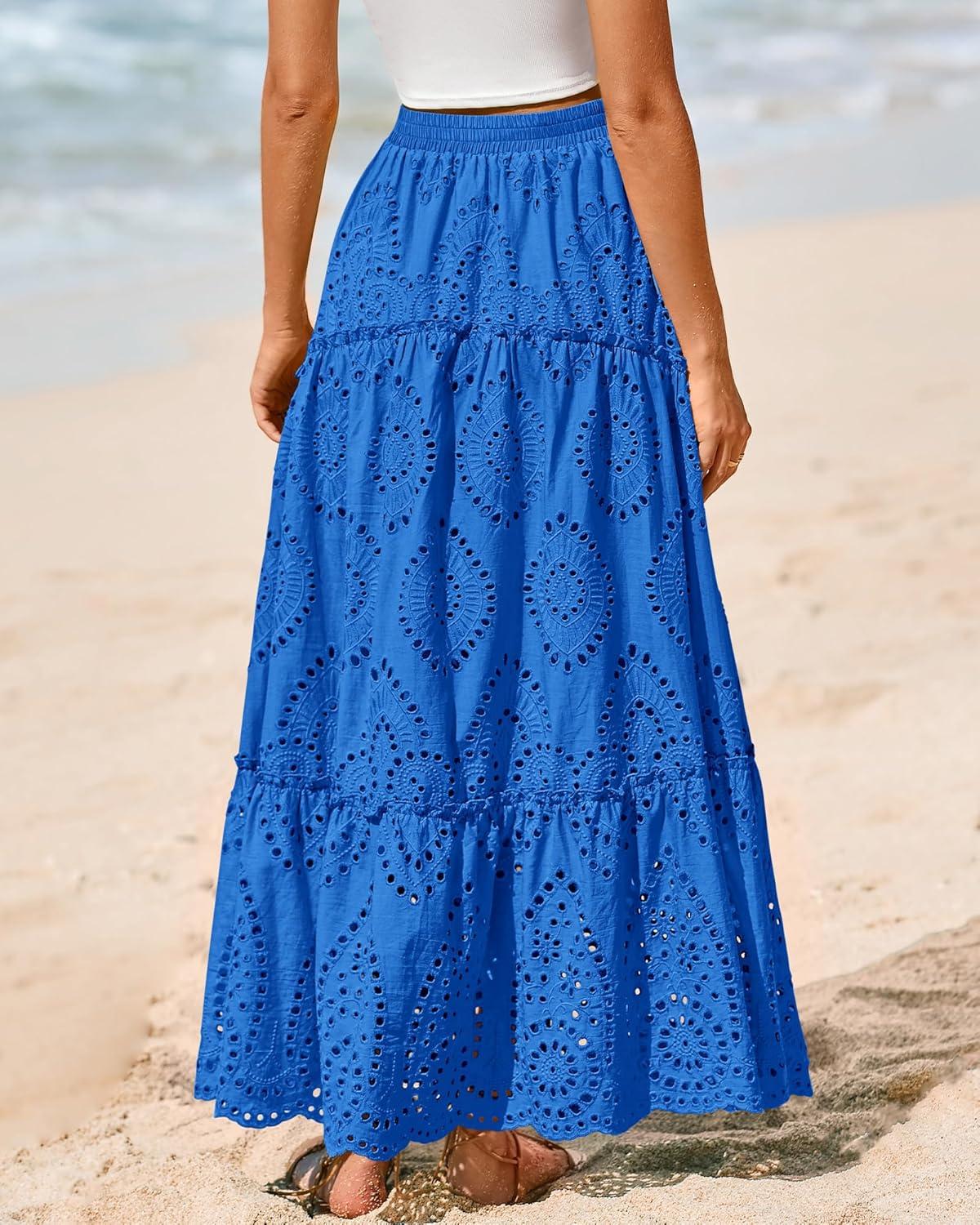 imageBTFBM Women Boho Casual Skirts Summer 2025 Lace Embroidery Eyelet Elastic Waist Flowy Tiered Beach Fall Maxi SkirtBlue
